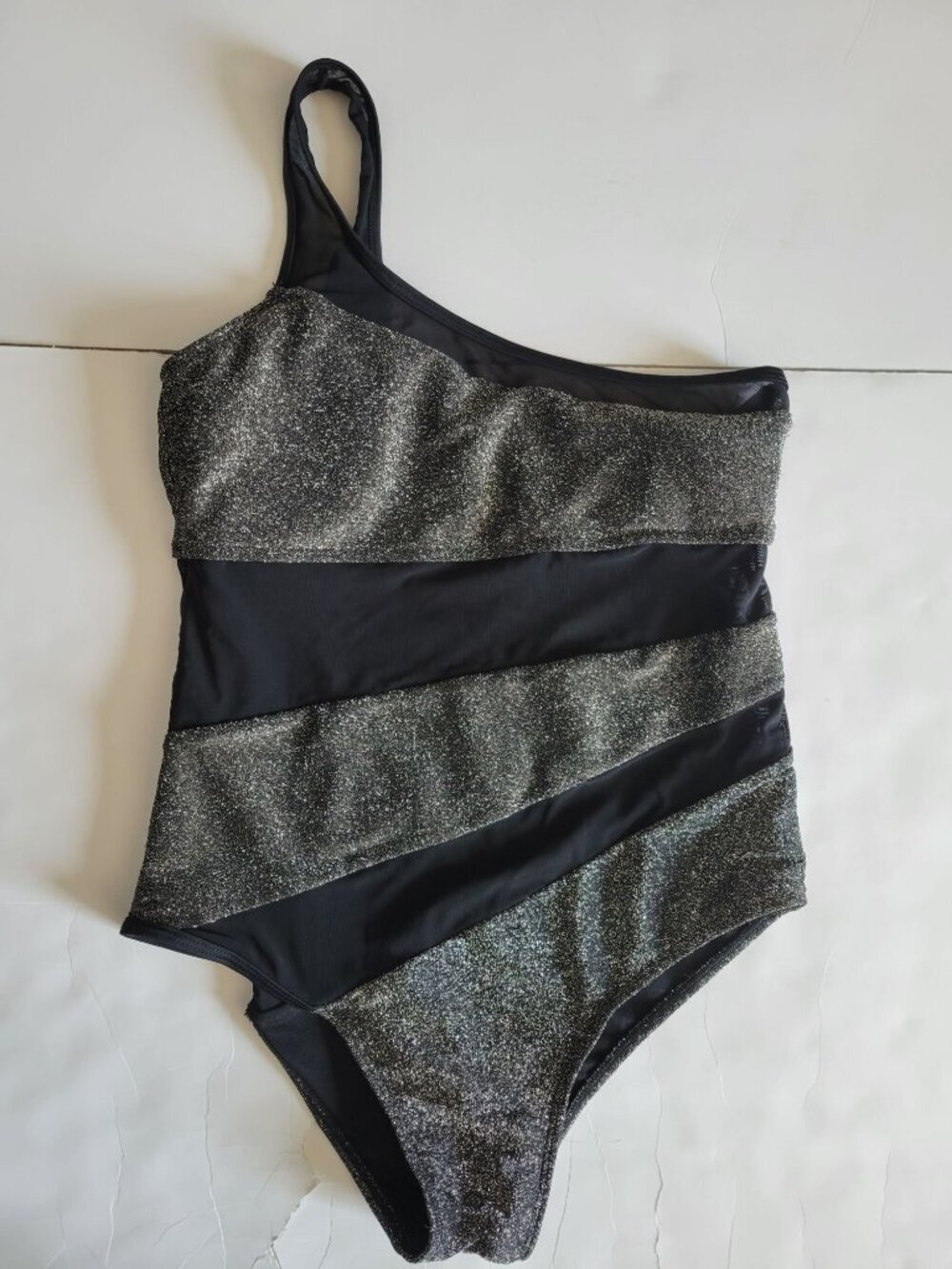 Coeur De Vague One Shoulder Silver Black Mesh 1 Piece Swim Suit Size L Beach - Picture 2 of 9